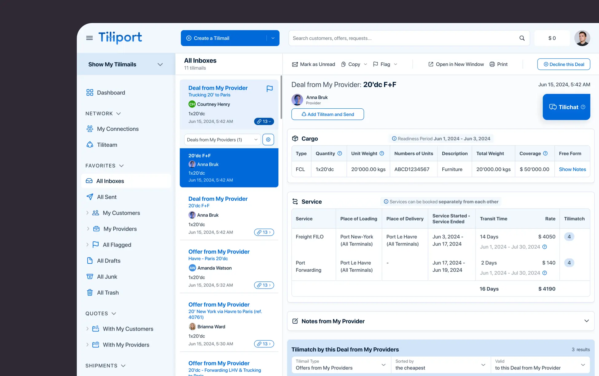 Tiliport dashboard interface